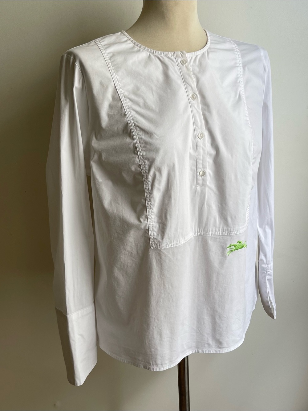 Longchamp White Poplin Tunic Blouse Horse Embroidery Split Cuff Size 44 Large